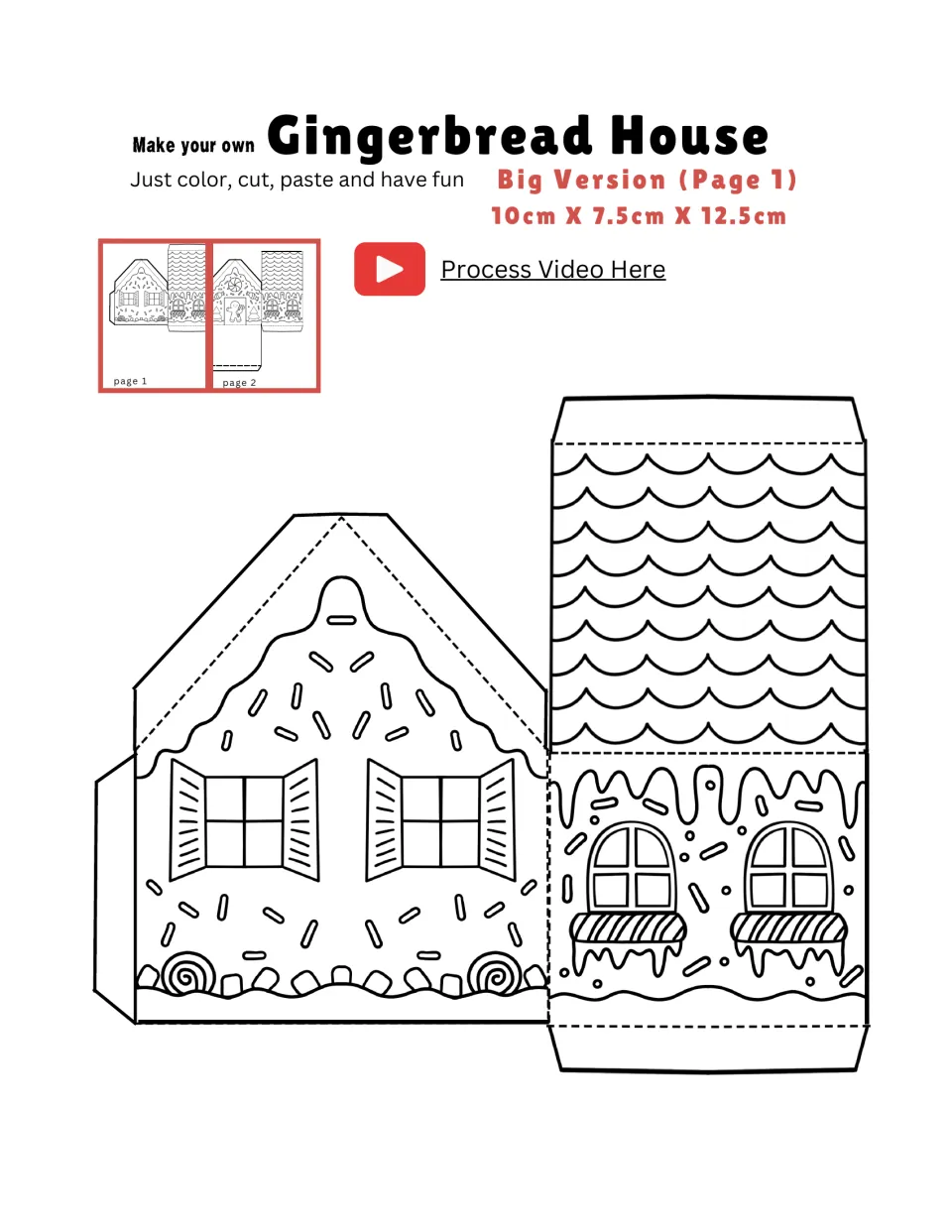Big gingerbread house, page 1 of 2: cut-out piece with a shuttered-window gable wall and a scalloped roof panel to color