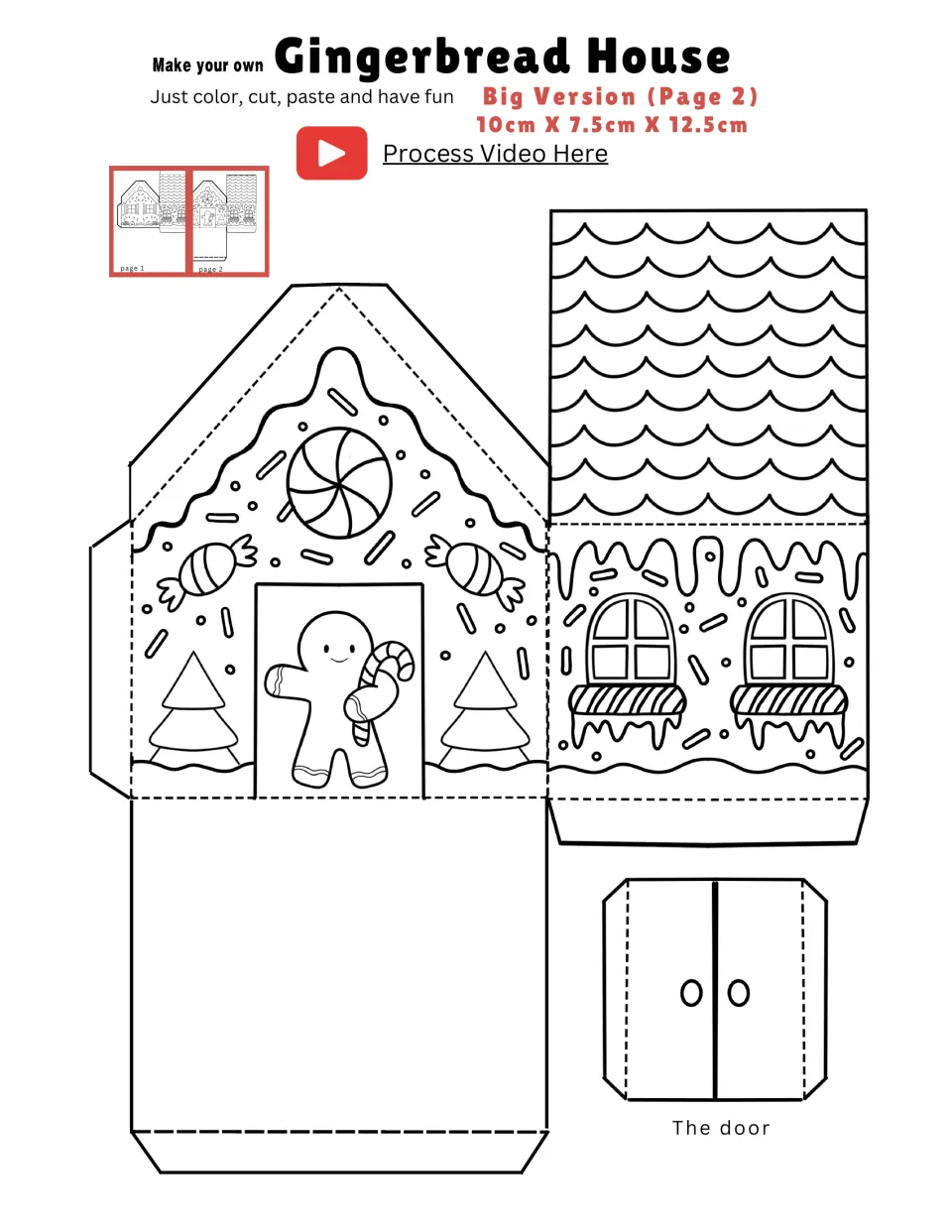 Big gingerbread house, page 2 of 2: cut-out piece with a peppermint gable, gingerbread man doorway, roof panel and door