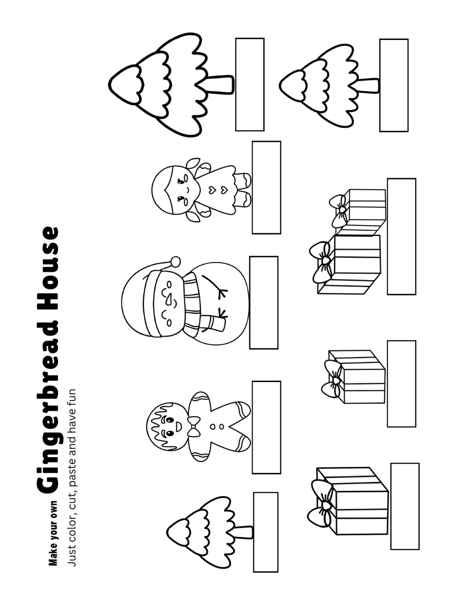 Christmas stand-up figures to color and cut: gingerbread boy and girl, snowman, trees and gift boxes, each with a base tab