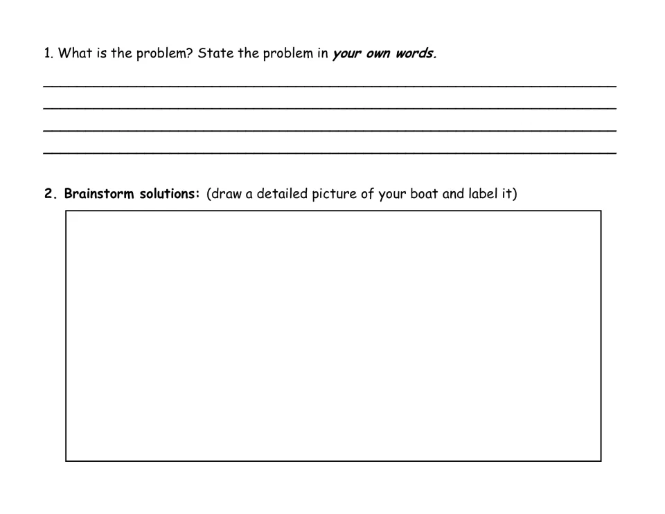 Boat planning prompts ask students to state the problem in their own words and draw a detailed, labeled design
