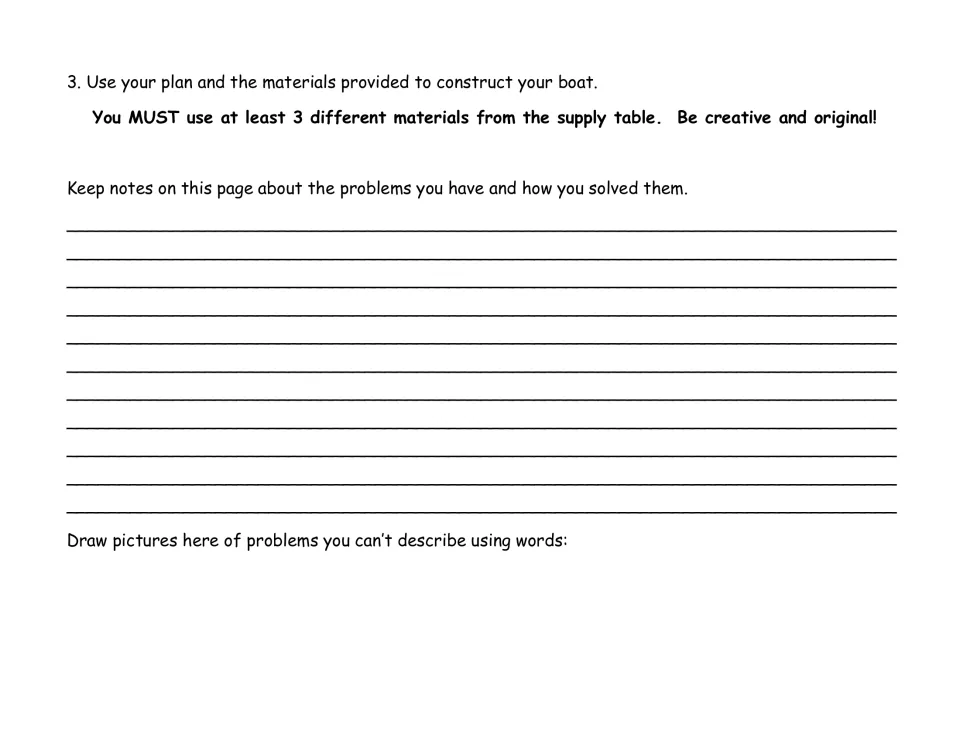 Boat construction directions require at least three different materials and notes or drawings about problems solved