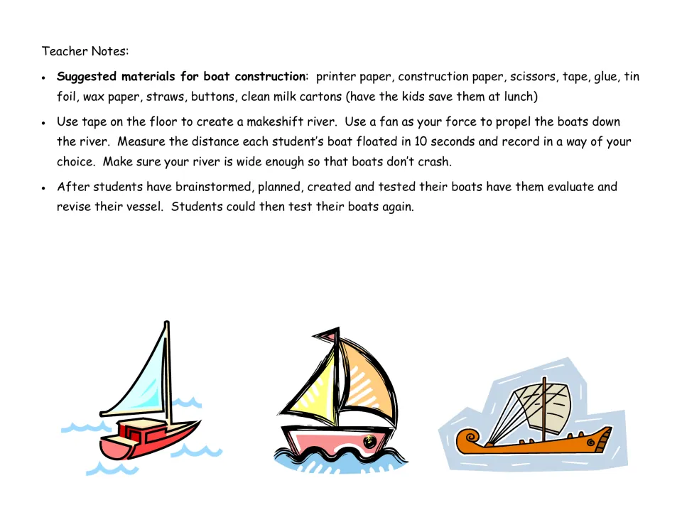 Teacher notes list boat materials and explain a tape river, fan propulsion, 10-second tests, and boat revisions