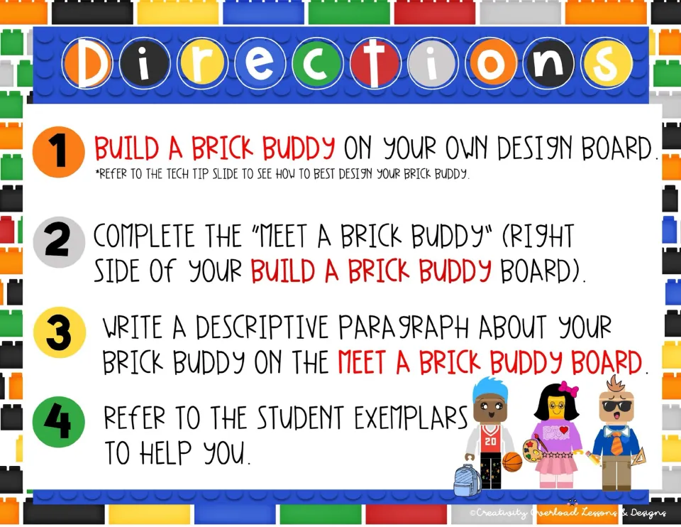 Activity directions: build a brick buddy, complete its profile, write a paragraph, and refer to examples.
