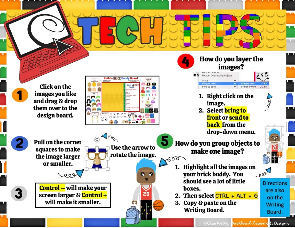Tech tips for the brick buddy activity explain dragging, resizing, rotating, layering, and grouping images.