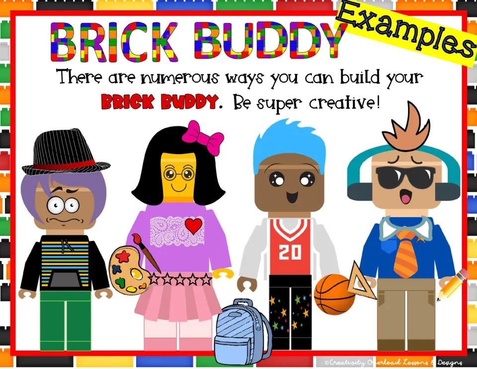 Four brick buddy character examples show different combinations of hair, clothing, faces, and accessories.