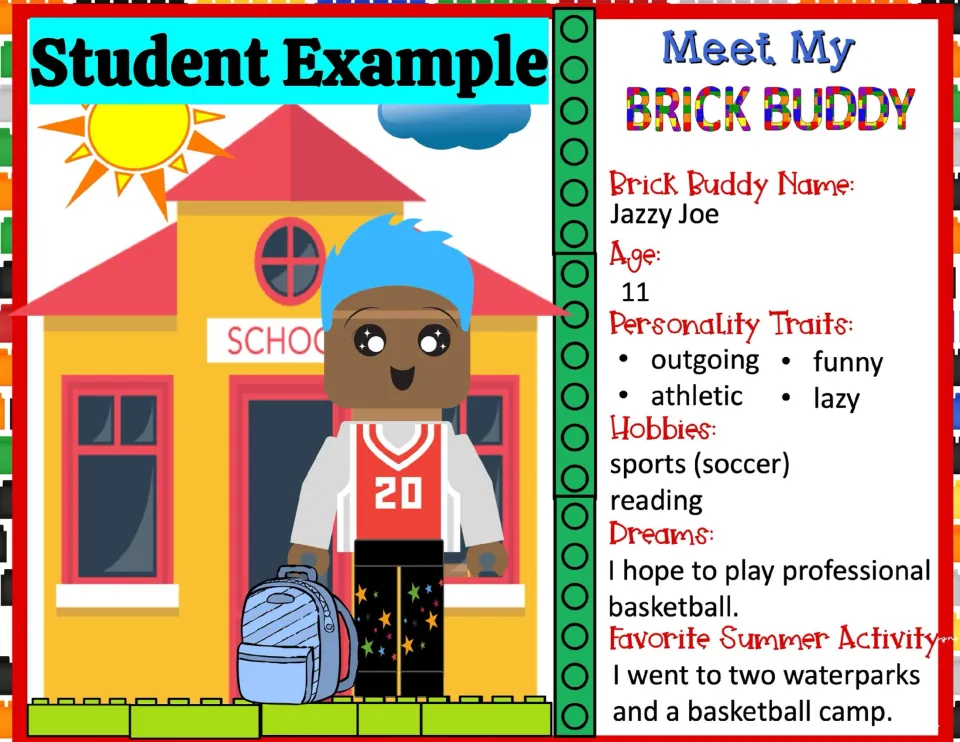Student profile example introduces Jazzy Joe, age 11, with personality traits, hobbies, and a basketball dream.