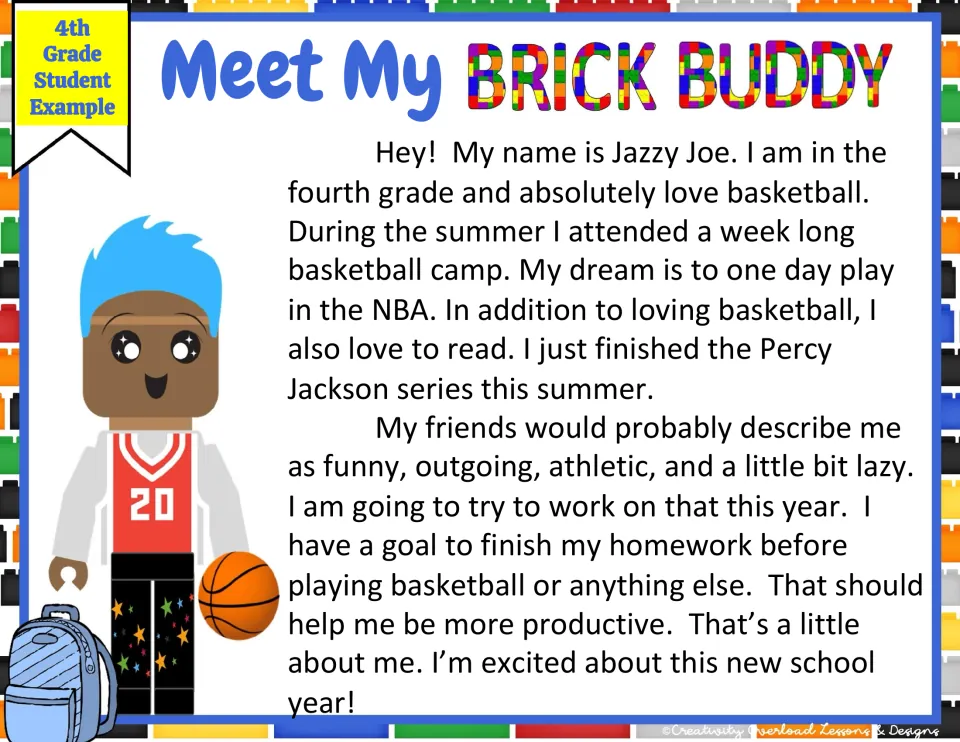 Fourth-grade writing example describes Jazzy Joe's basketball camp, reading, personality, and homework goal.