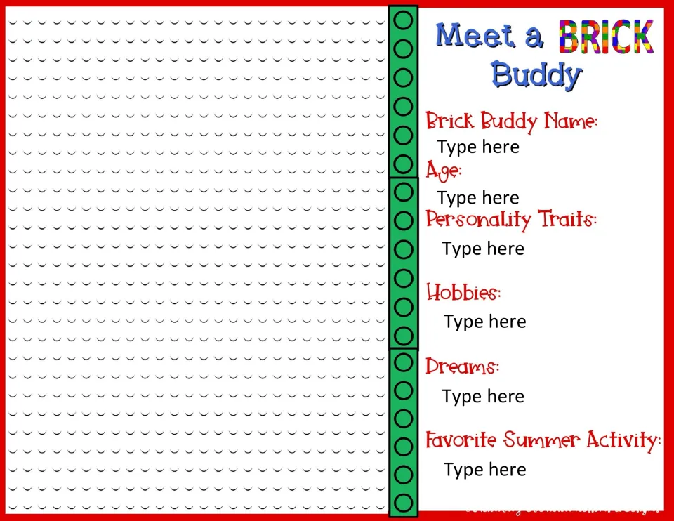 Blank brick buddy profile prompts for name, age, personality traits, hobbies, dreams, and favorite summer activity.