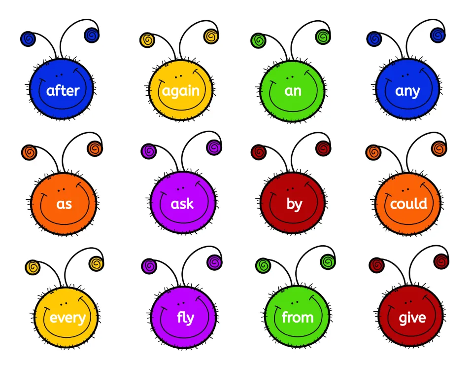 Sight word caterpillar heads: 12 cut-out cards with after, again, an, any, as, ask, by, could, every, fly, from and give