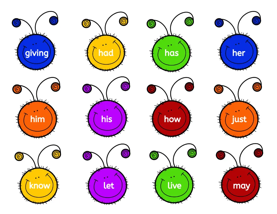 Sight word caterpillar heads: 12 cut-out cards with giving, had, has, her, him, his, how, just, know, let, live and may