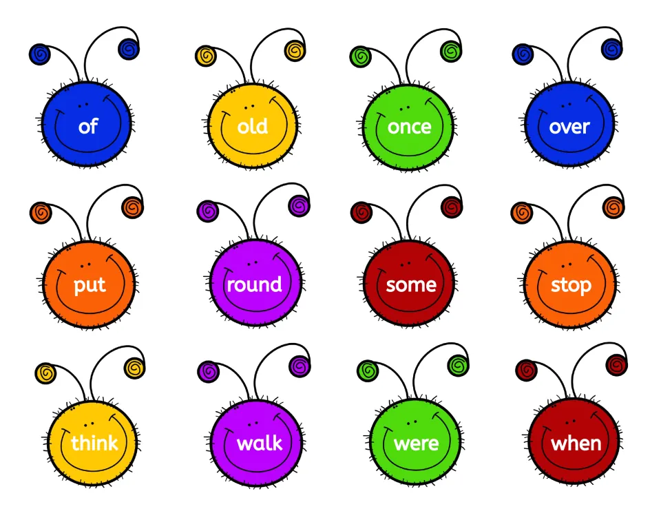 Sight word caterpillar heads: 12 cut-out cards with of, old, once, over, put, round, some, stop, think, walk, were, when