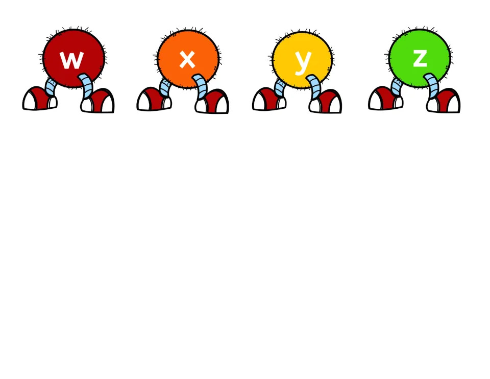 Final letter bodies w, x, y and z: four lowercase caterpillar segments that complete the second alphabet set