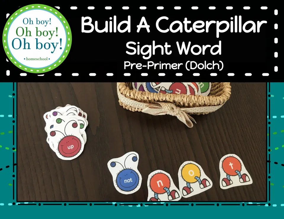 Build A Caterpillar Sight Word Pre-Primer (Dolch) cover: photo of a word head card and letter body pieces spelling not