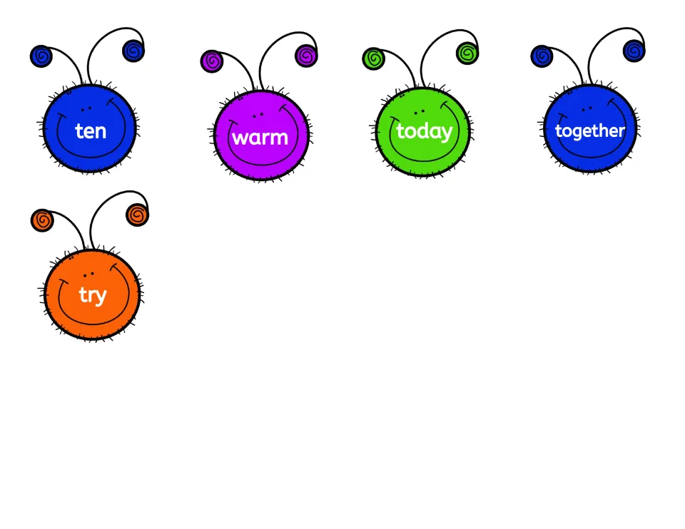 Last caterpillar head cut-out pieces with the sight words ten, warm, today, together and try for spelling practice