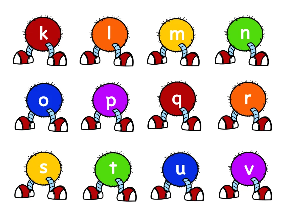Caterpillar body cut-out pieces in the second alphabet set, lowercase k through v, each segment with legs and sneakers