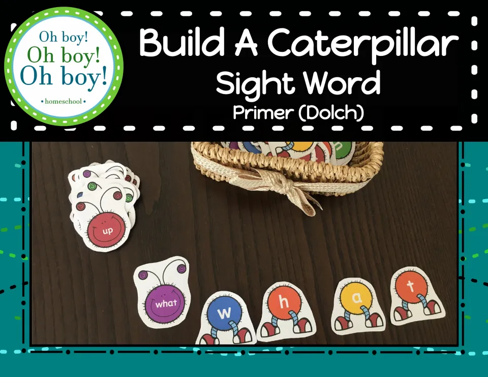 Build A Caterpillar Sight Word Primer (Dolch) cover: photo of a 'what' head card followed by w, h, a, t body pieces