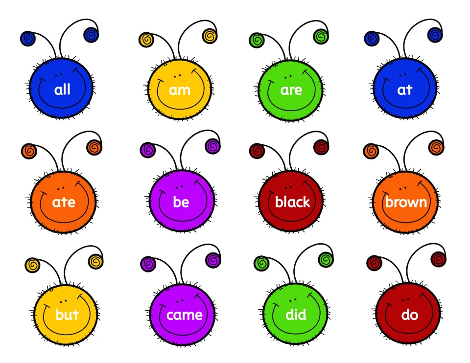 Caterpillar head cut-out pieces with 12 sight words: all, am, are, at, ate, be, black, brown, but, came, did and do