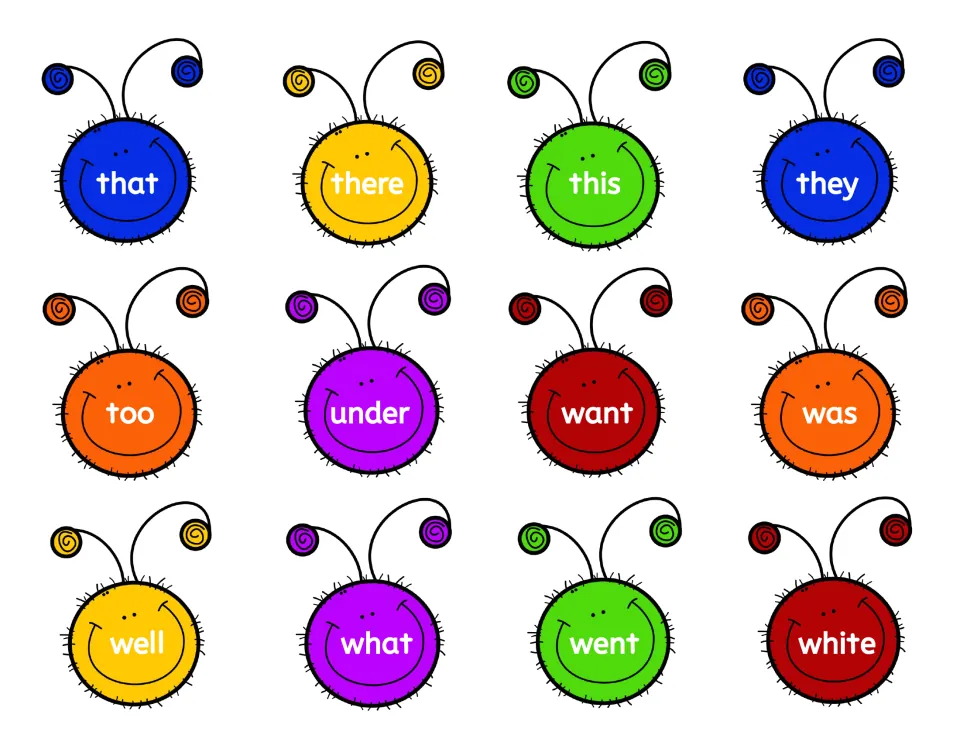 Caterpillar sight word heads to cut out: that, there, this, they, too, under, want, was, well, what, went and white