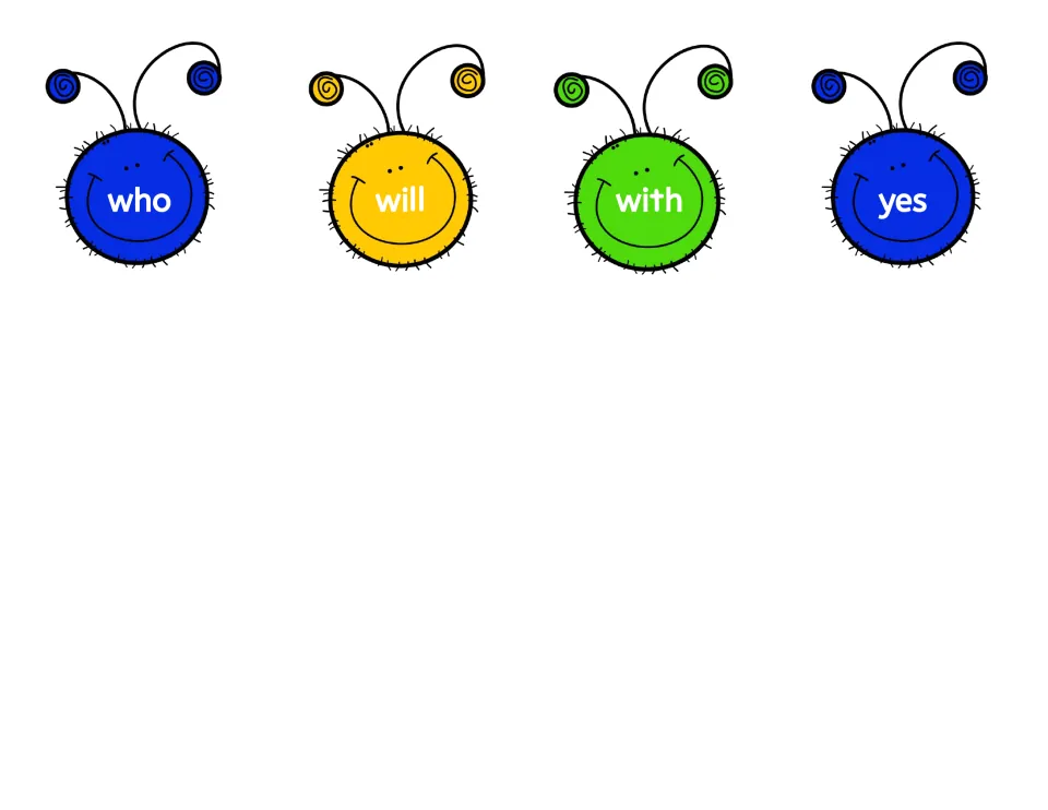 Four caterpillar head cut-out pieces with sight words who, will, with and yes for students to spell with letters