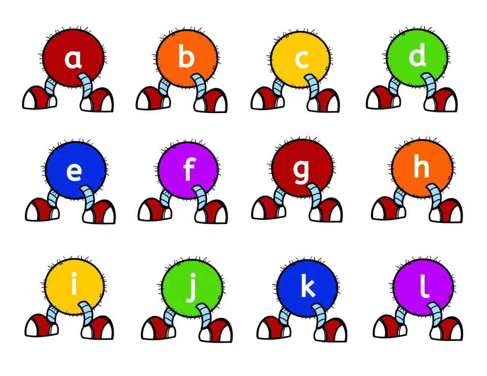 Caterpillar body cut-out pieces with sneakers, lowercase letters a to l, for spelling each sight word behind its head