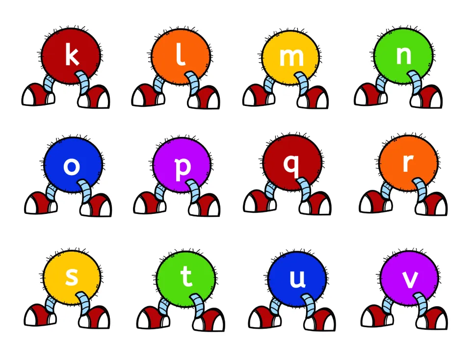 Caterpillar body cut-out pieces with lowercase letters k to v, continuing the second alphabet set for building words
