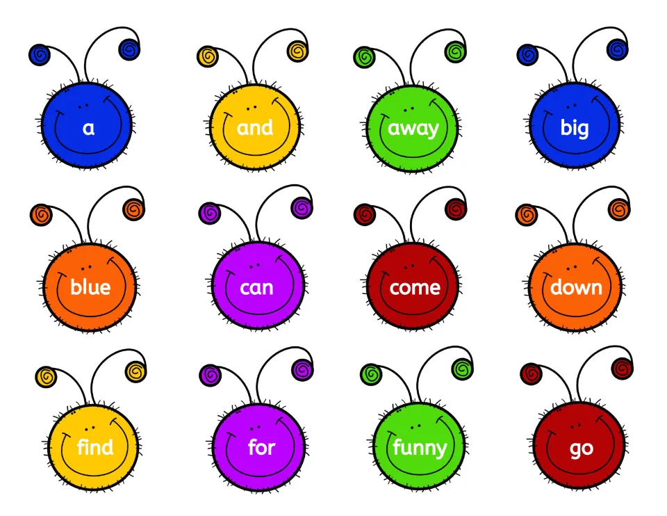 Dolch sight word caterpillar heads, cut-out pieces: a, and, away, big, blue, can, come, down, find, for, funny and go