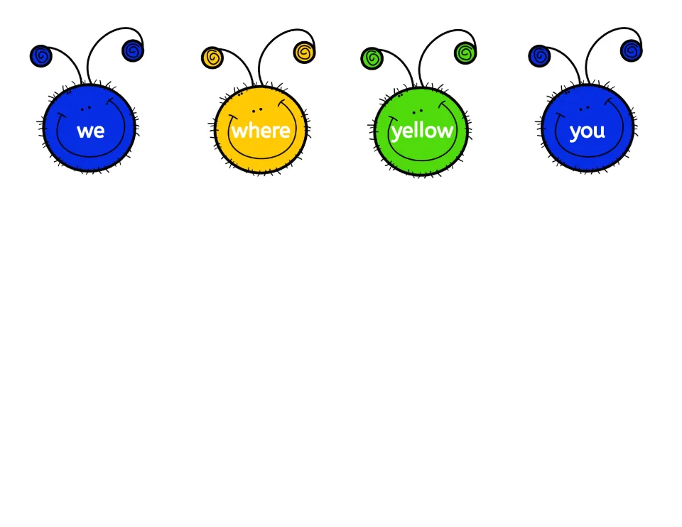 Last four sight word caterpillar head cut-out pieces: we, where, yellow and you, completing the Dolch pre-primer list