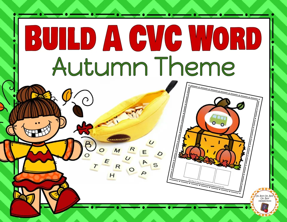 Build a CVC Word: Autumn Theme cover, showing Bananagrams letter tiles beside a pumpkin card with a van picture