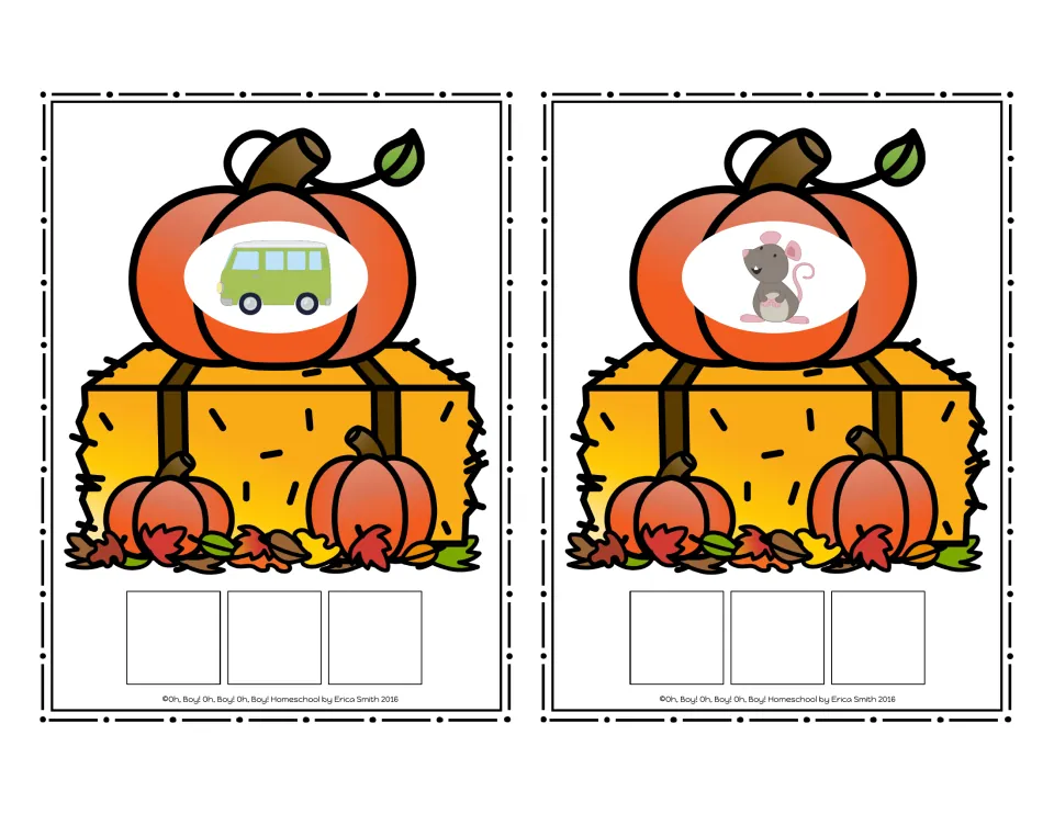 CVC picture cards with a van and a mouse on pumpkins, each with three squares for letter tiles