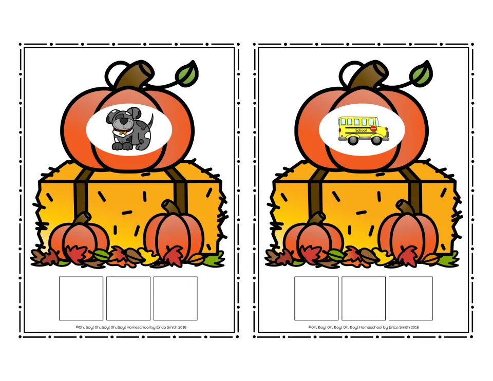 CVC picture cards for dog and bus, each with three squares for placing letter tiles to spell the word