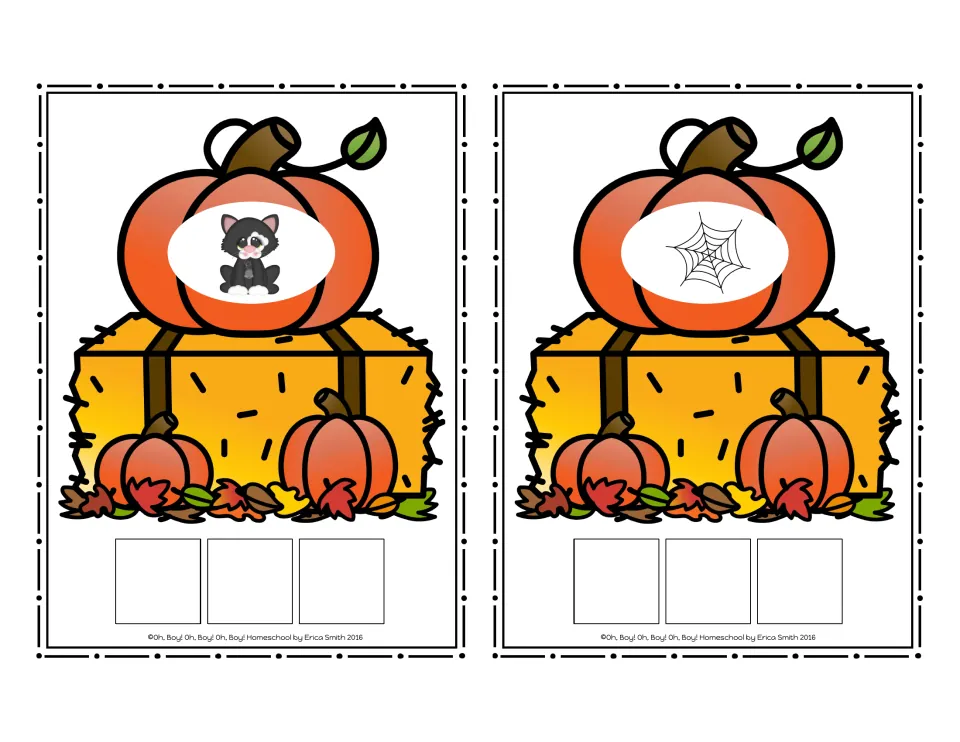CVC picture cards for cat and web, three tile squares under each picture to spell the word