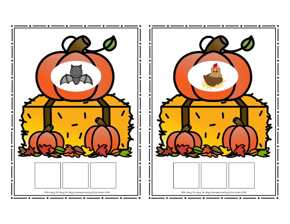 CVC picture cards for bat and hen, with three squares below each for building the word with tiles