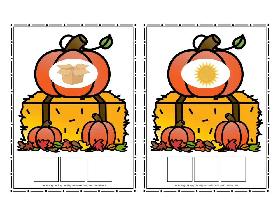 CVC picture cards for box and sun, each picture paired with three squares for letter tiles