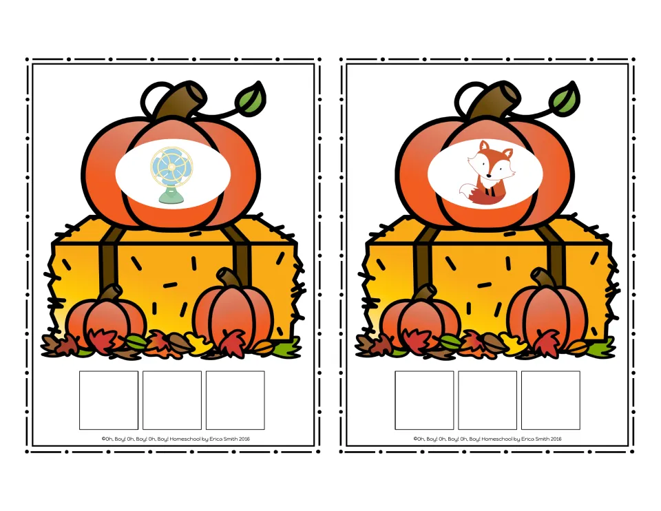 CVC picture cards for fan and fox, with three squares under each picture for letter tiles