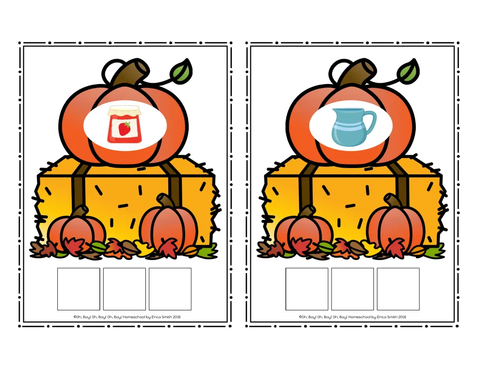 CVC picture cards for jam and jug, each with three squares to spell the word with letter tiles
