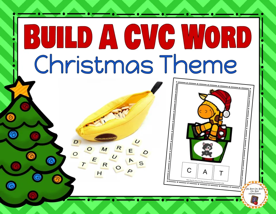 Build a CVC Word Christmas Theme cover showing a sample CAT card and Bananagrams letter tiles used to spell words