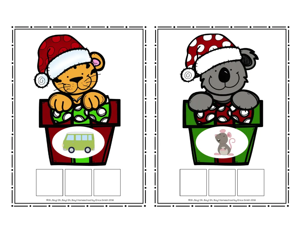 CVC picture cards 1–2 with no printed letters: a van and a mouse, each with three squares for letter tiles