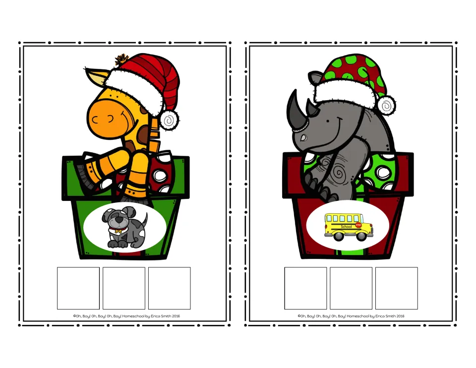 CVC picture cards 3–4 with no printed letters: a dog and a yellow school bus, with three spaces for tiles