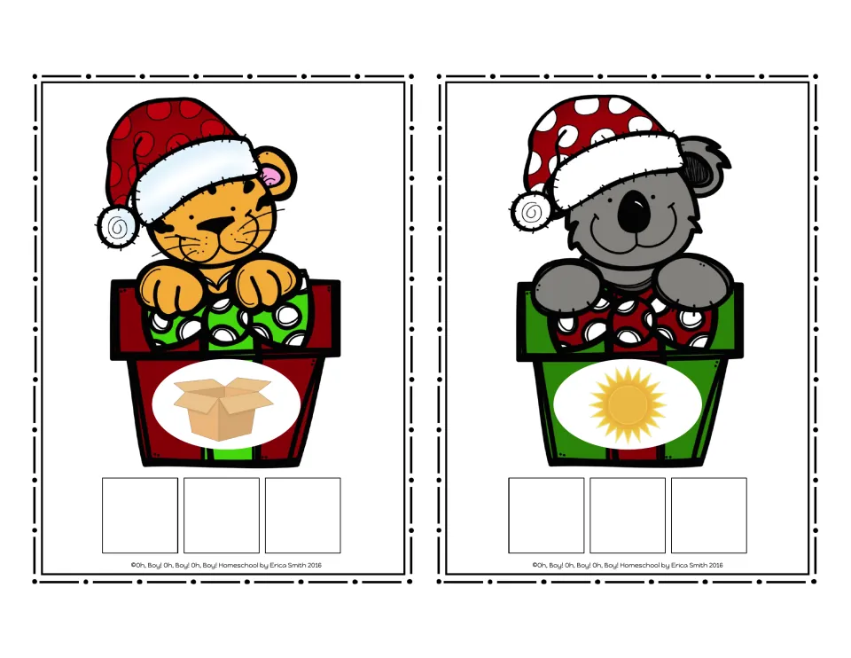 CVC picture cards 9–10 without words: a cardboard box and the sun, each with three spaces for tiles