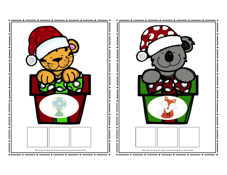 CVC picture cards 13–14 without words: a fan and a fox, each with three spaces for letter tiles