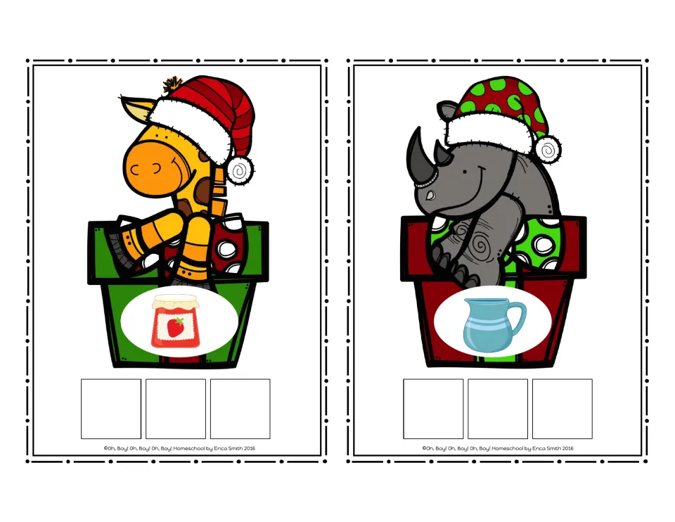 CVC picture cards 15–16 without words: a jar of jam and a jug, each with three spaces for letter tiles