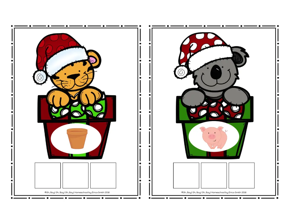 CVC picture cards 17–18 without words: a flower pot and a pig, each with three spaces for letter tiles