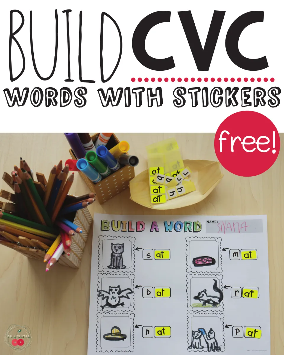 Cover of the CVC word-building resource showing a completed sticker example using the -at word family.
