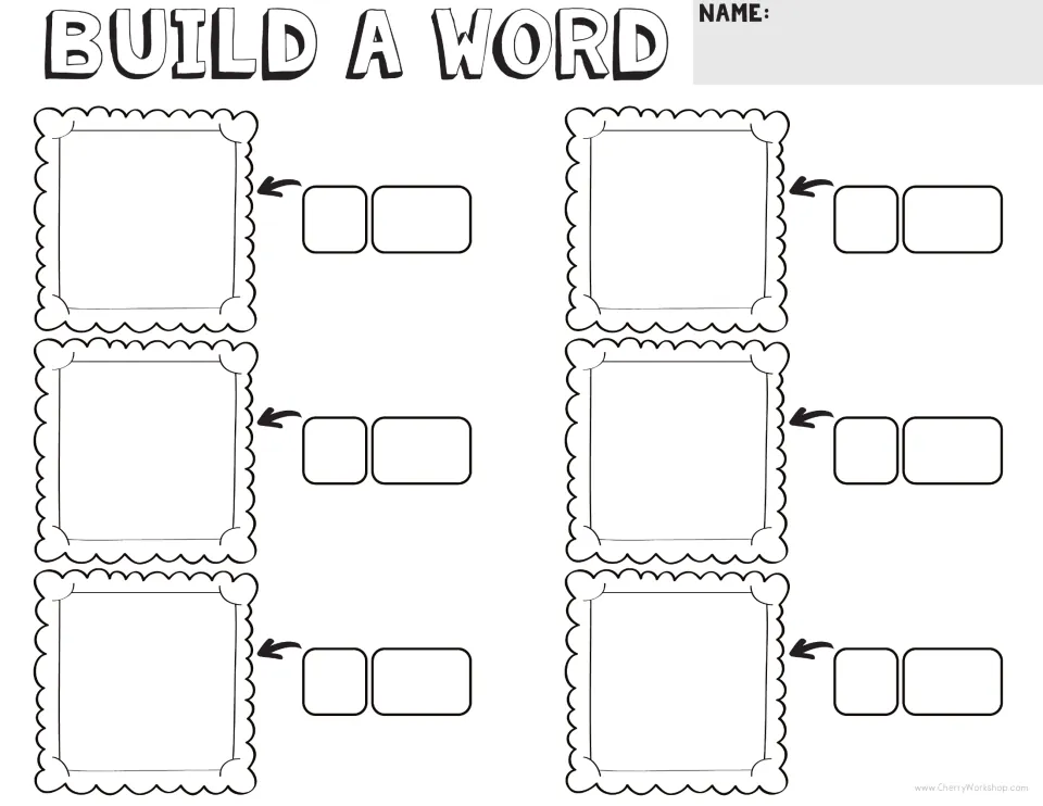Blank CVC word-building worksheet for six words, with spaces for initial letters, word endings, and drawings.