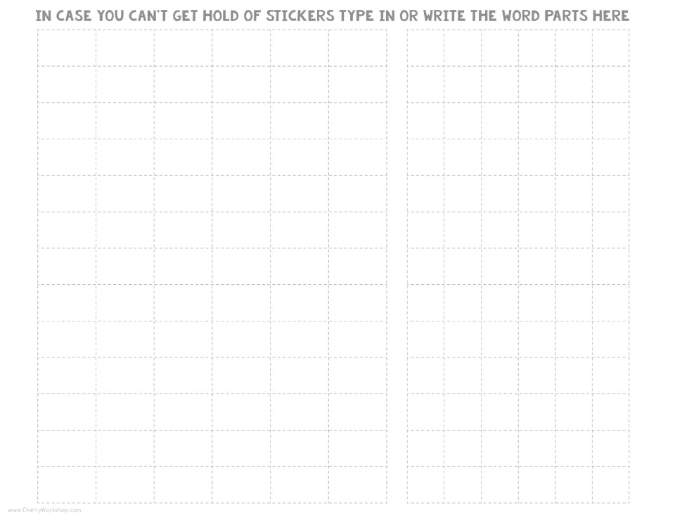 Word-part template for the CVC activity, with instructions to type or write parts when stickers are unavailable.