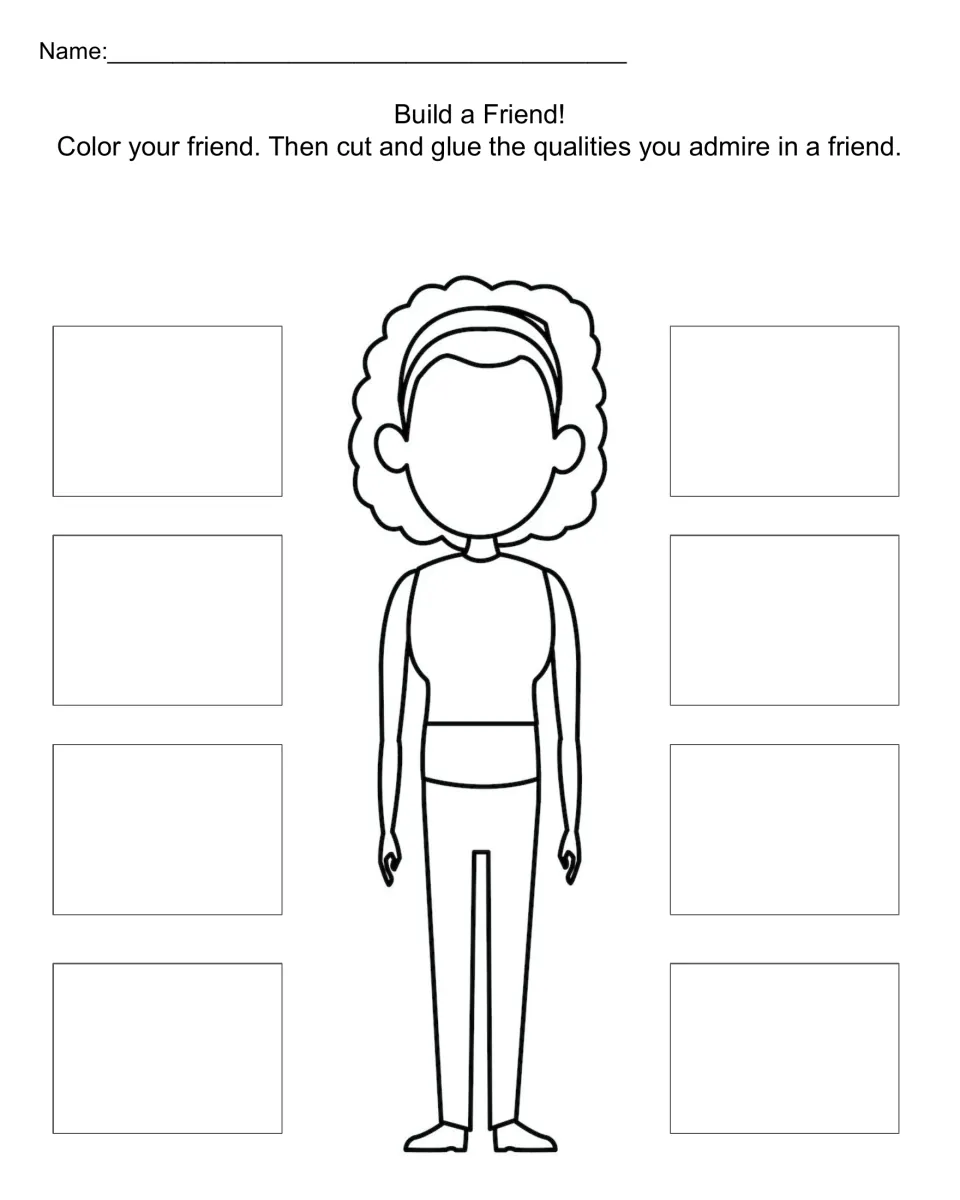 Friendship qualities: students color a girl outline, then cut and glue 8 qualities they admire in a friend beside her