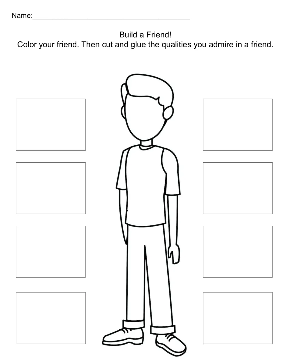 Friendship qualities: students color a boy outline and glue 8 cut-out traits they admire in a friend in the spaces around him