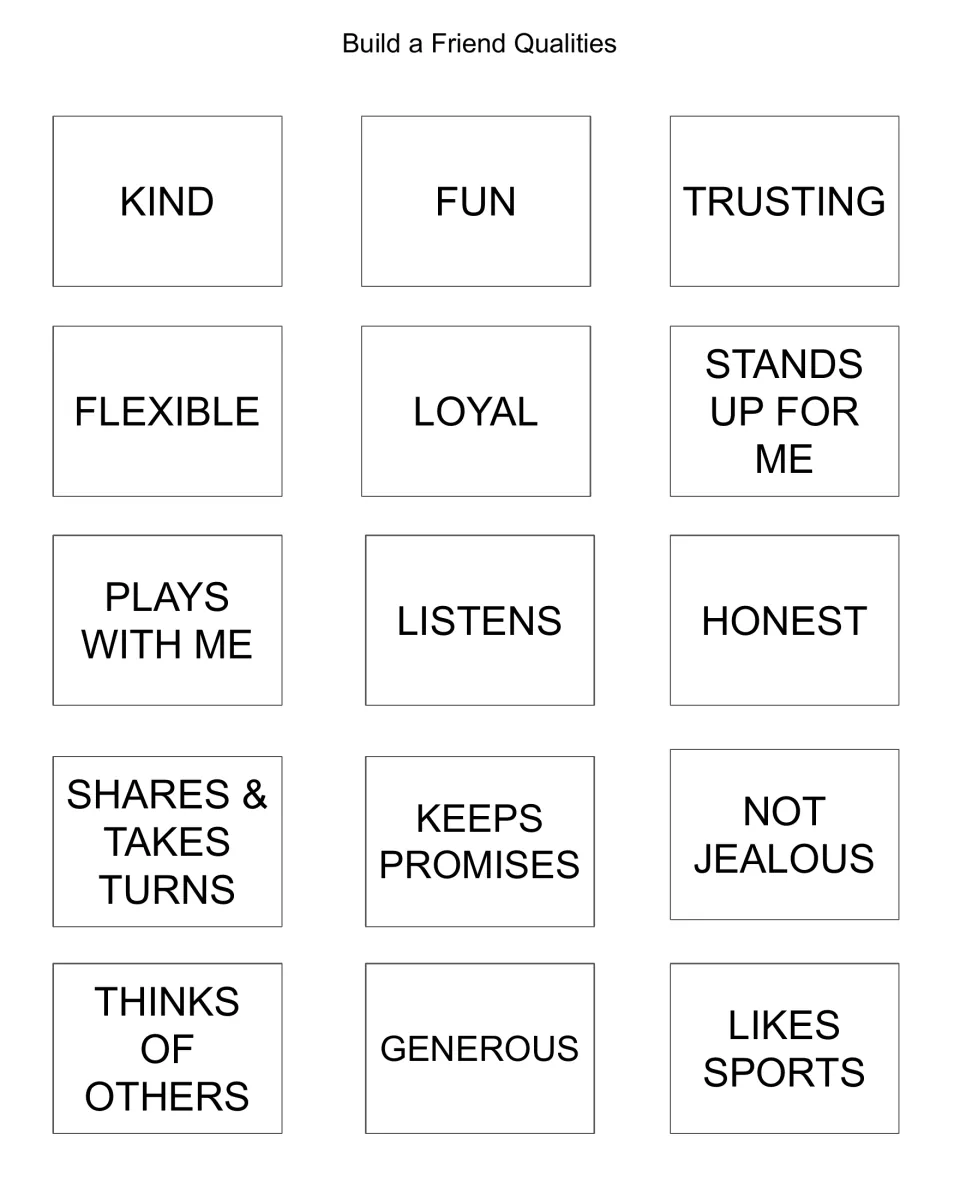 Cut-out friend qualities: 15 word cards such as kind, loyal, honest, listens, keeps promises and shares & takes turns