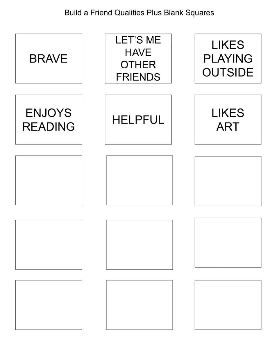 More friend qualities to cut out: brave, helpful, enjoys reading, likes art, plus 9 blank cards for students' own ideas
