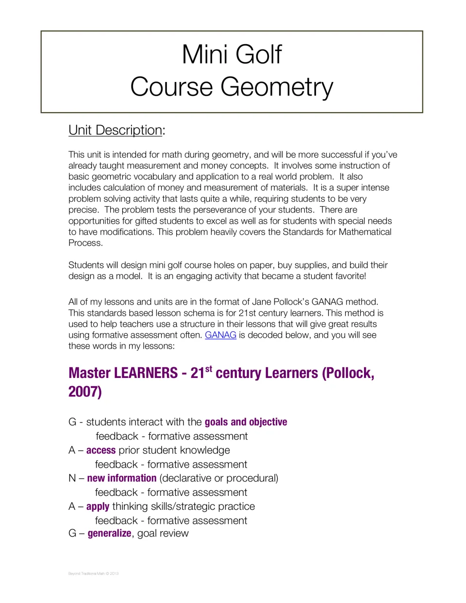 Project introduction explains designing and building golf holes and the GANAG lesson sequence